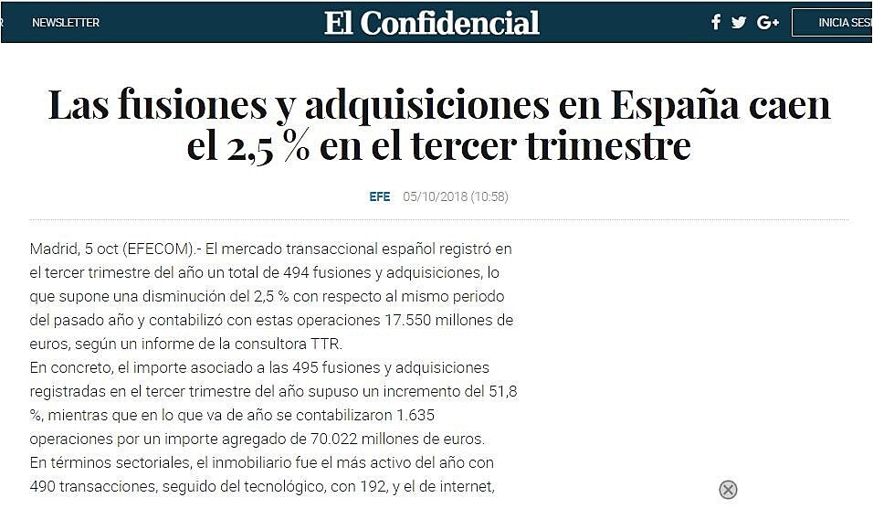 Las fusiones y adquisiciones en Espaa caen el 2,5 % en el tercer trimestre